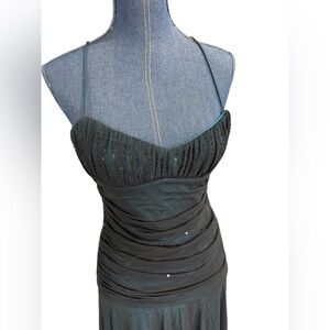 Y2K Shelli Segal Teal Black Overlay Ruched waist Long Fairy Formal Dress Size 6